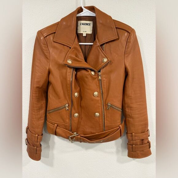 L’AGENCE Billie Cognac Leather Belted Moto Jacket Size XS EUC - Picture 6 of 11